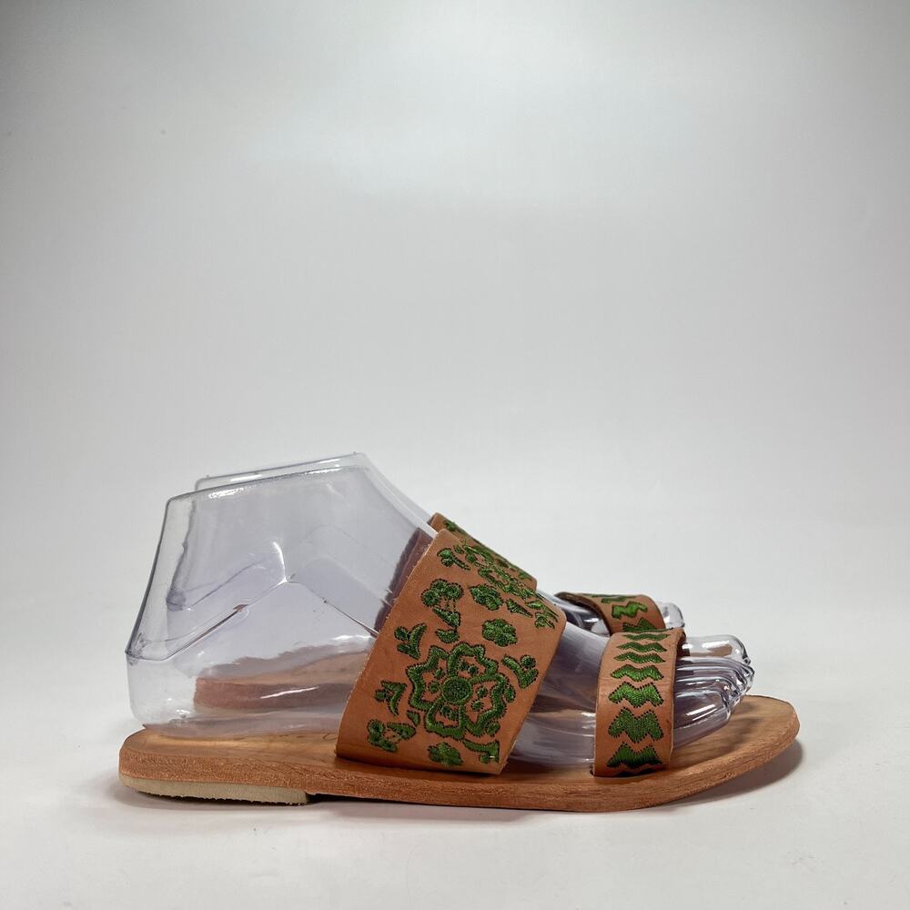 Agave Girl Leather Sandals Embroidered Green Floral Slides Women's Size 5
